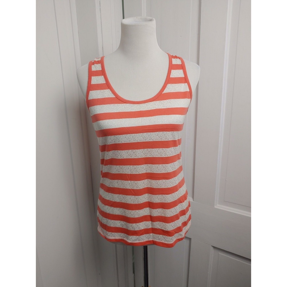 Bobbie Brooks Top Woman's Size Medium Coral & White Stripe Lace Back Sleeveless